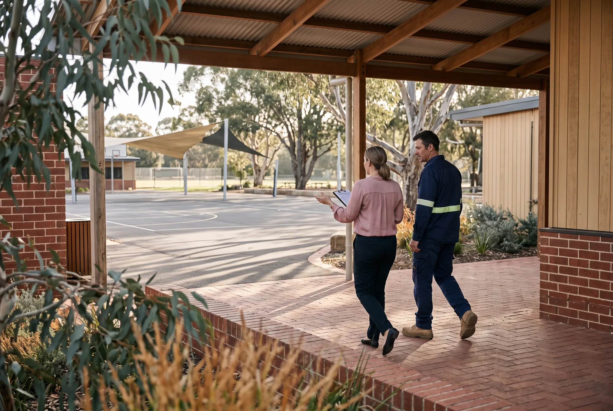 A school WHS lead and a maintenance officer walking the grounds together in the morning light, one carrying a clipboard, a covered walkway and the courts behind them: the inspection that happens before anything goes wrong.