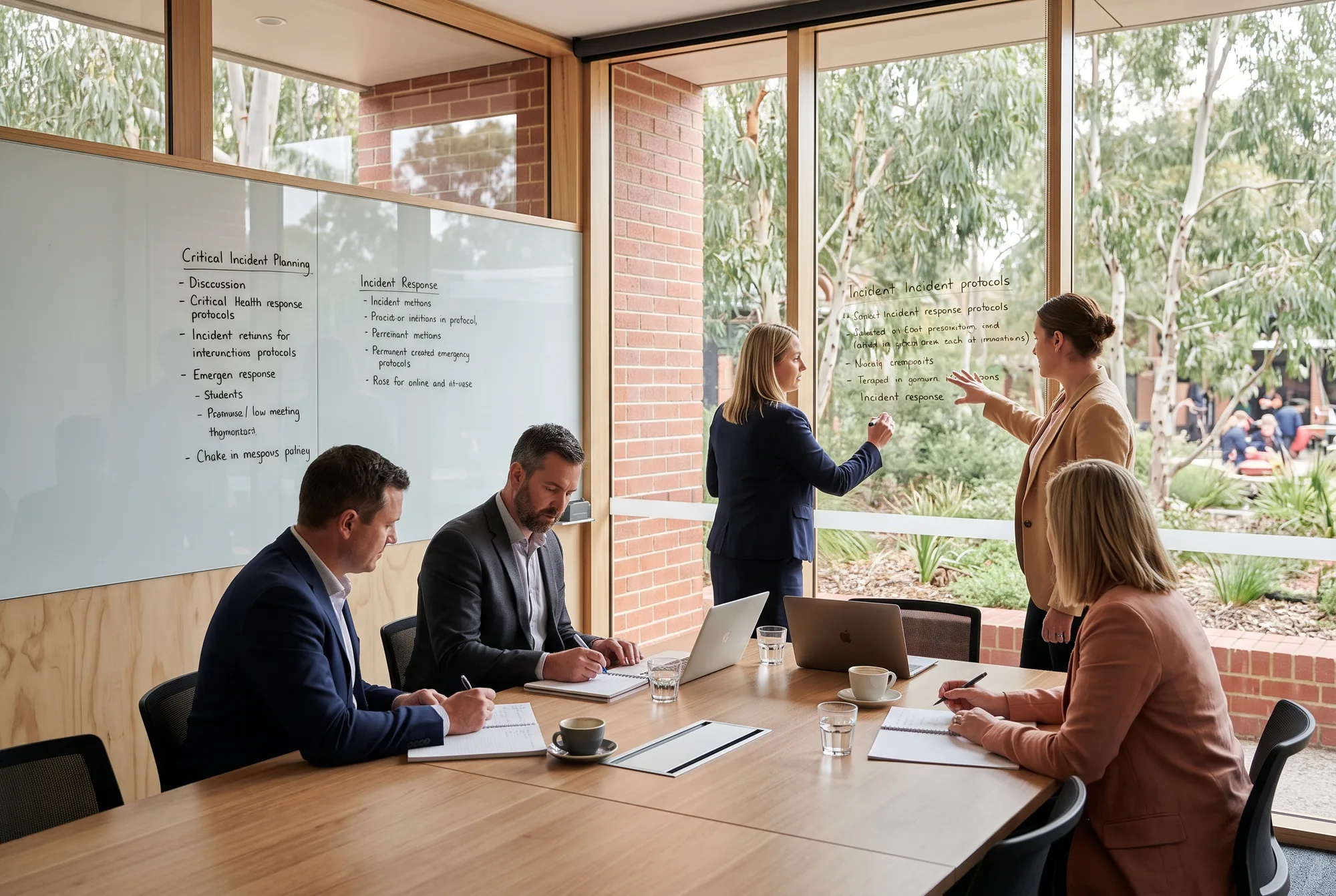 A school leadership team in a meeting room working through critical incident planning on glass whiteboards, two people writing up response protocols while three others take notes at the table.