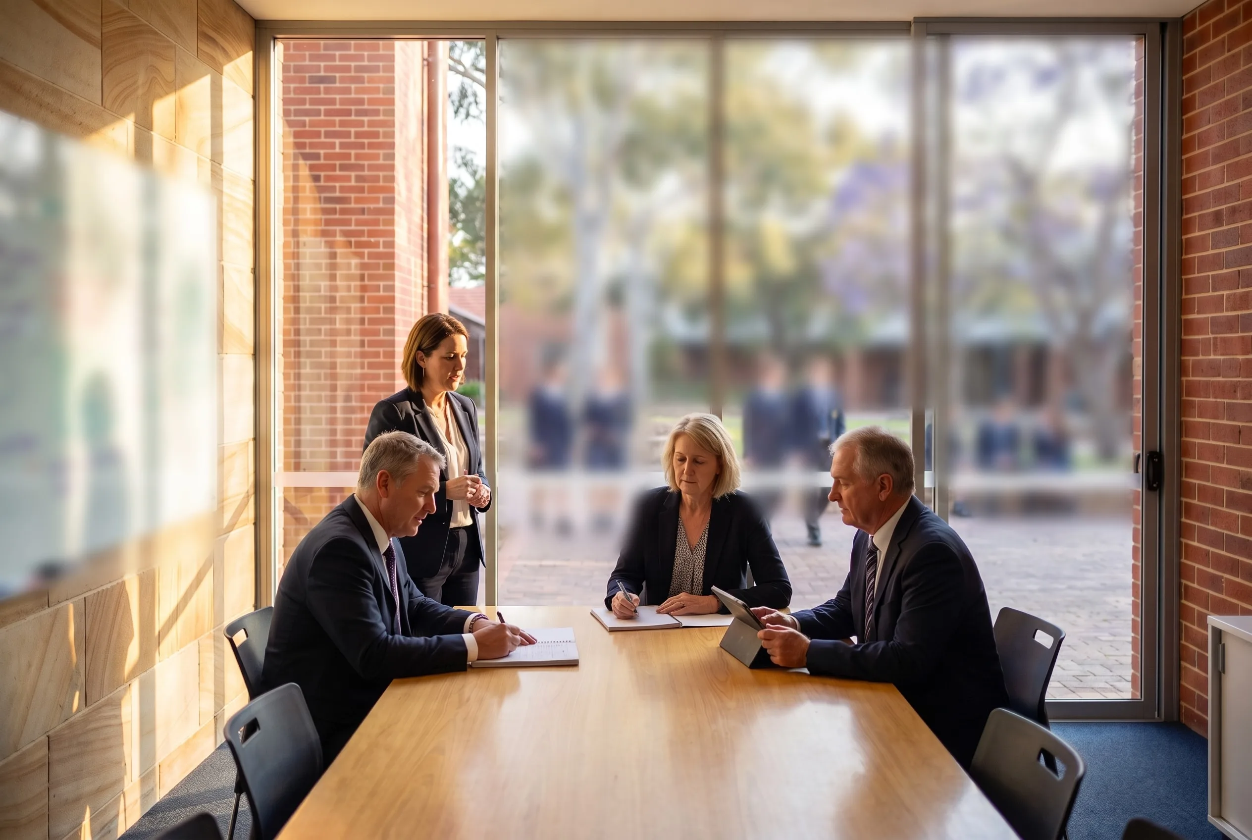 A school leadership team working through a critical incident plan in a meeting room overlooking the courtyard.