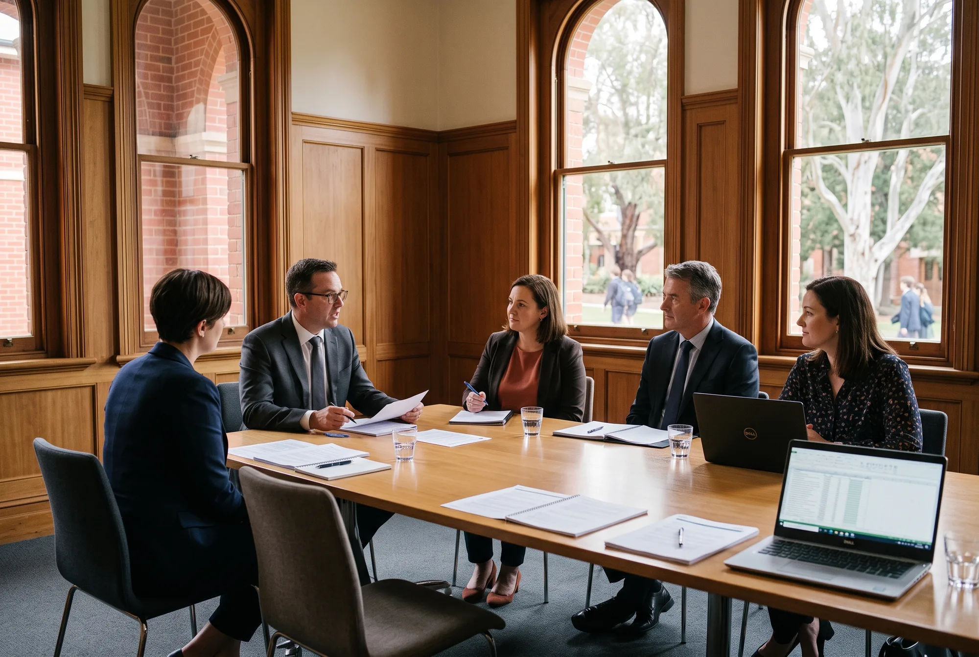 Five people around a boardroom table in a timber-panelled school boardroom with arched windows, papers and laptops open, working through a formal commitment line by line.