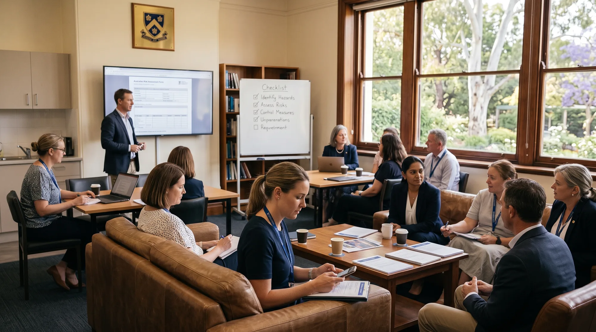 A staff professional development session in a school staff room, teachers on couches and at tables with laptops, a facilitator at the front beside a screen.