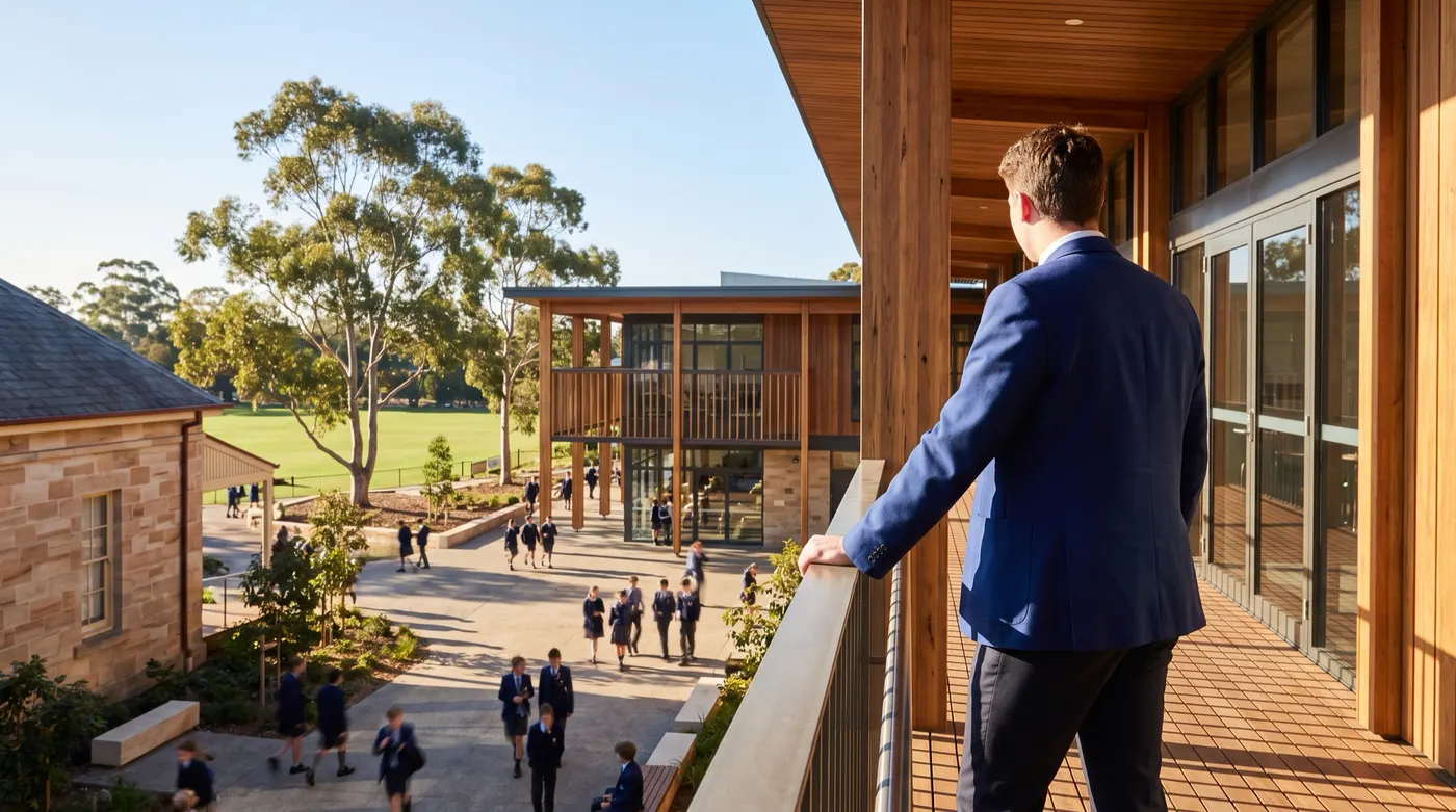 A school leader on a timber balcony looks out over a sunlit campus, students crossing the courtyard between sandstone and new timber buildings, the oval and gum trees beyond.