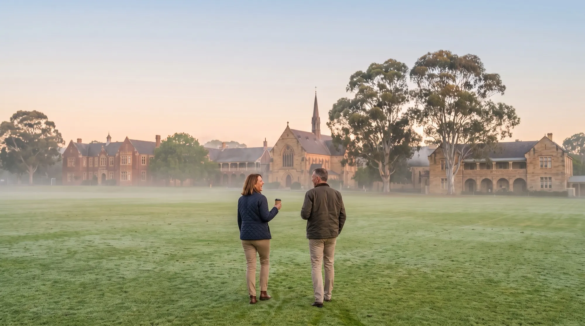 Two school leaders share a laugh over coffee as they cross a misty oval at dawn, a sandstone campus and chapel spire beyond the gum trees.