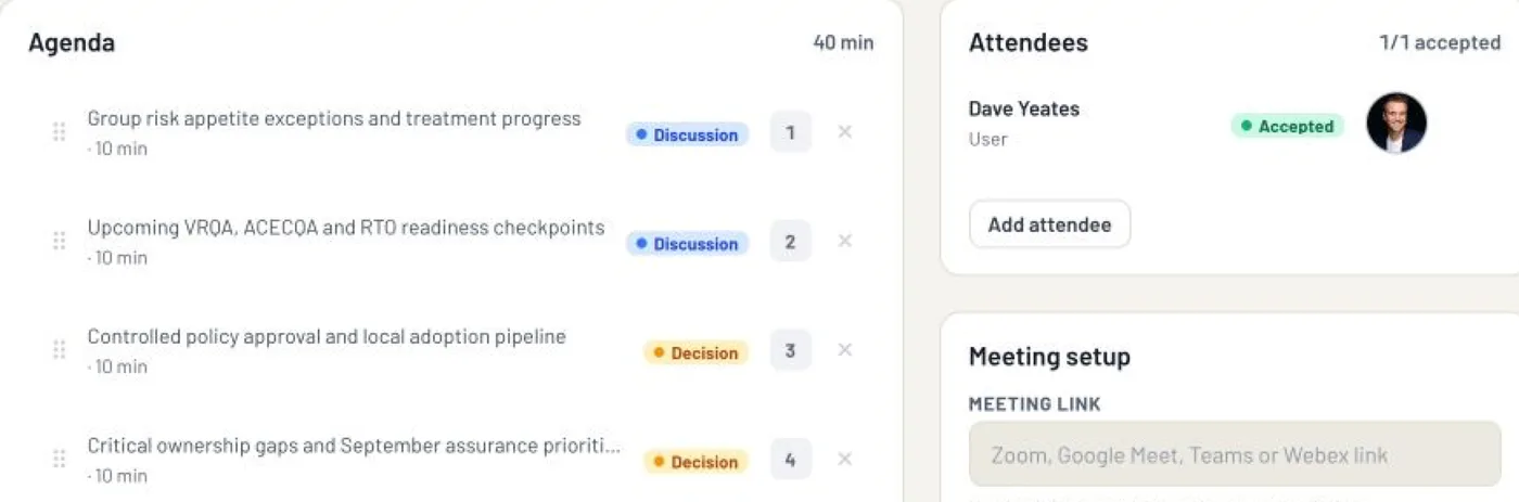 A board meeting agenda in EthosOne with timed items on risk appetite exceptions, readiness checkpoints and policy approval.