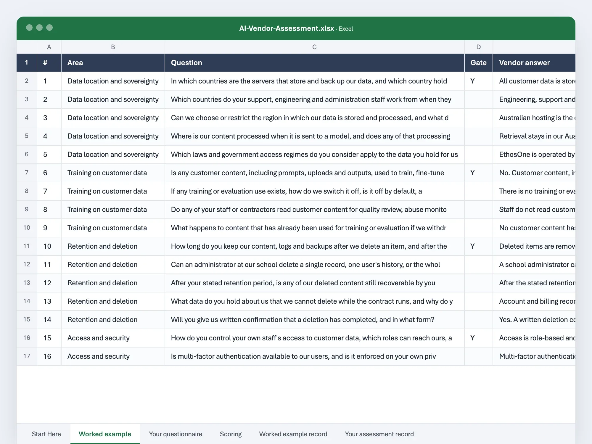 The opening page of the AI vendor assessment as it opens in Excel or Word, with its first rows filled in.