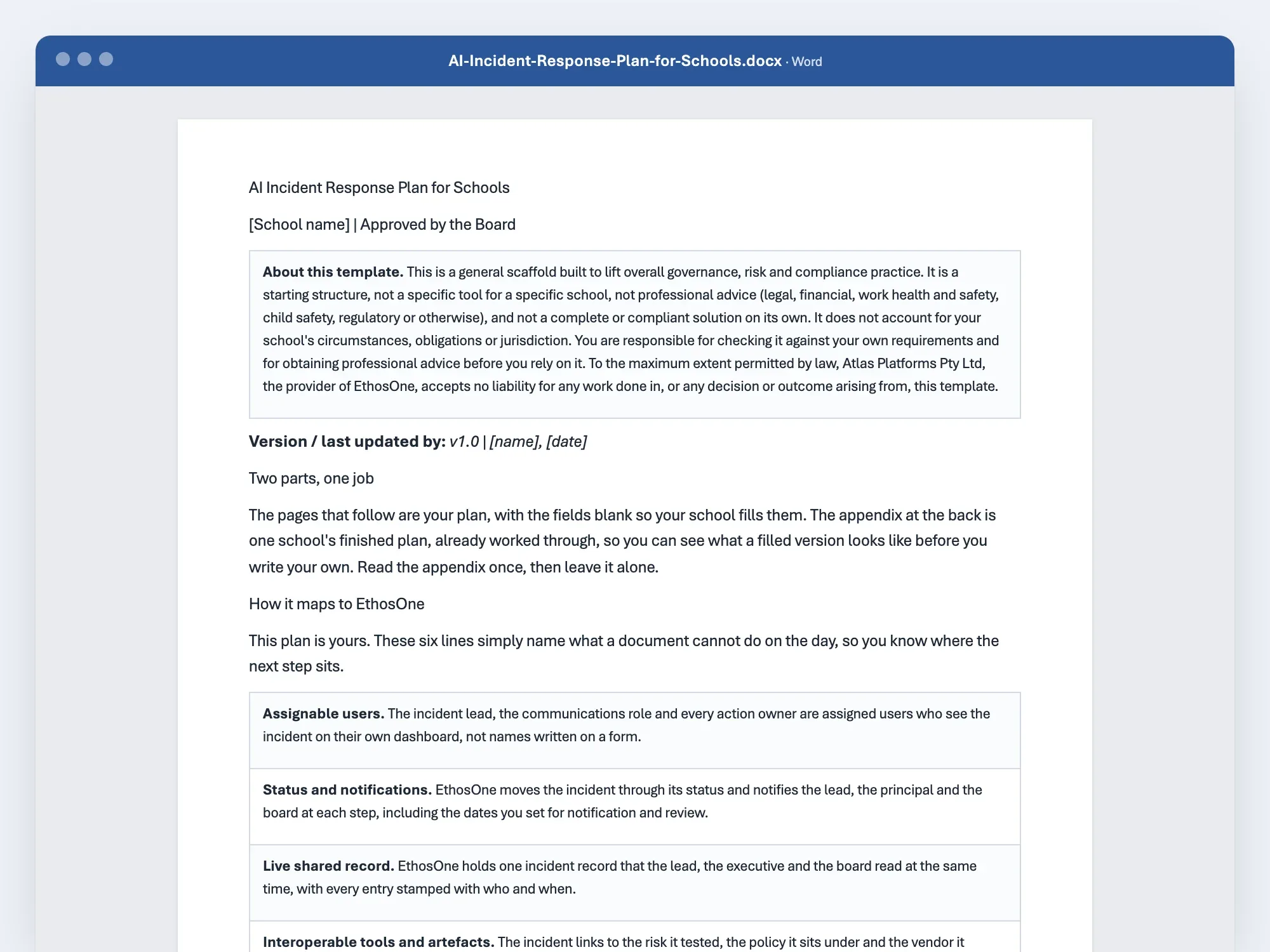 The opening page of the AI incident response plan as it opens in Excel or Word, with its first rows filled in.