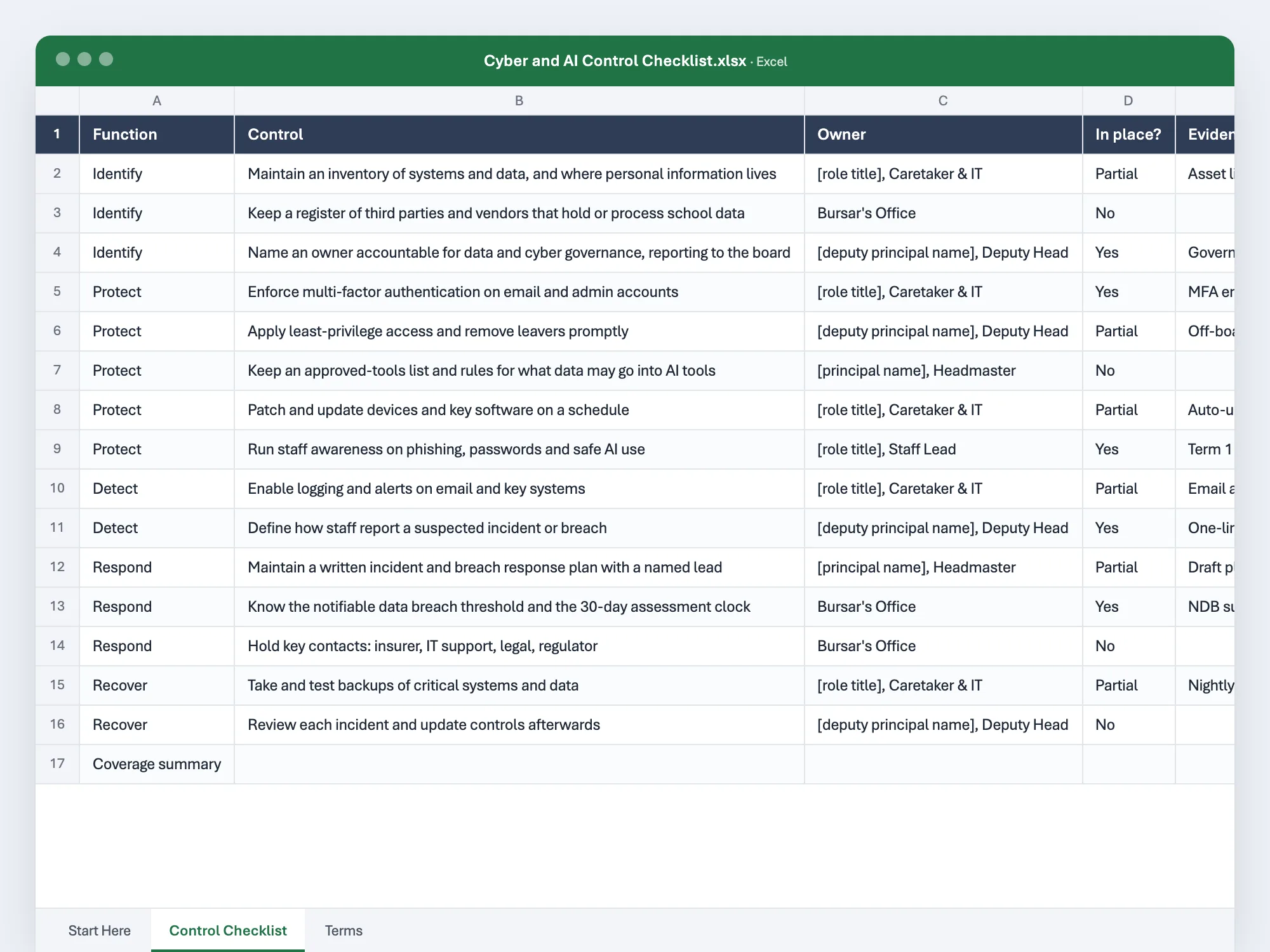 The opening page of the cyber and AI control checklist as it opens in Excel or Word, with its first rows filled in.