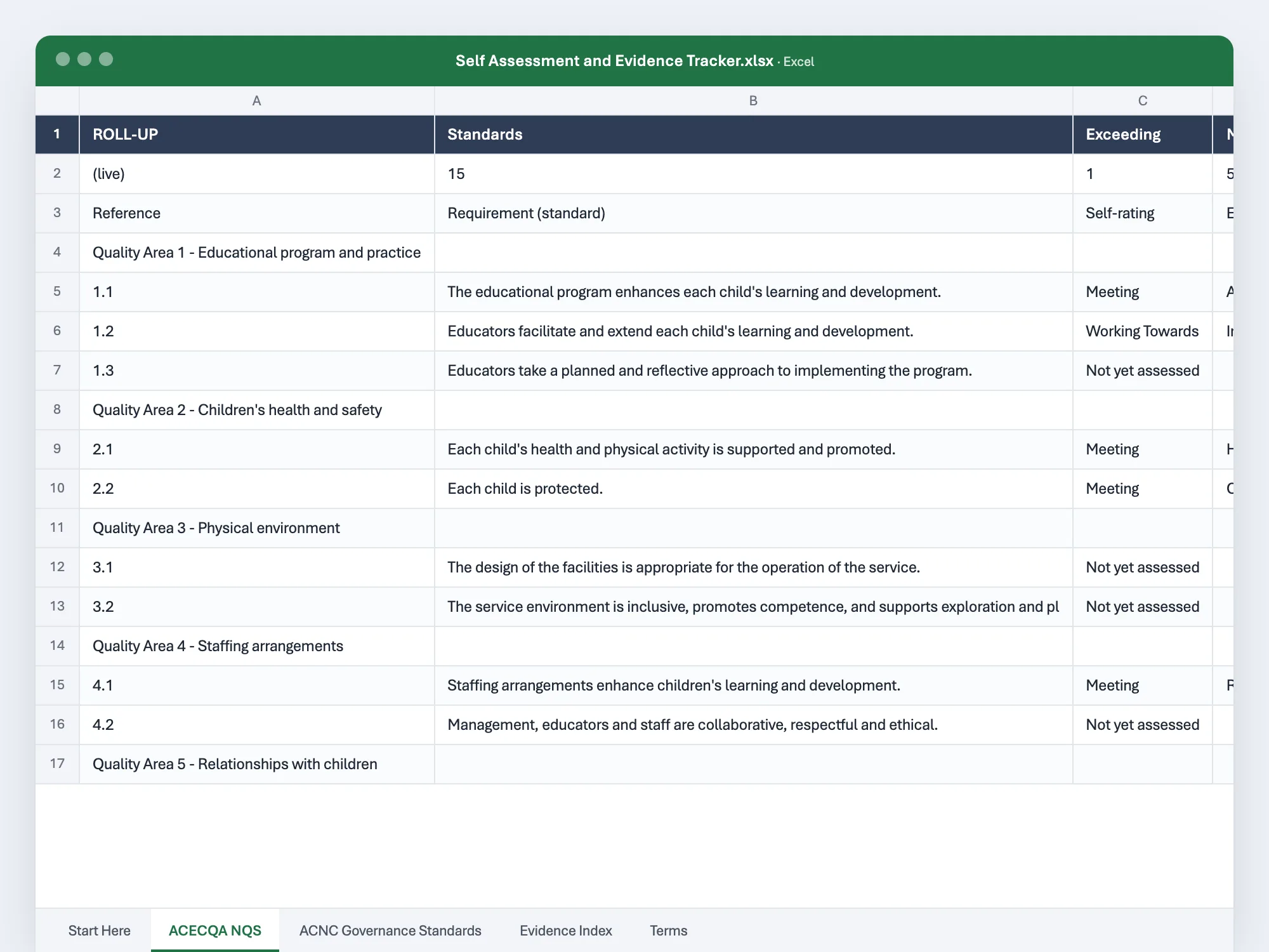 The opening page of the self-assessment and evidence tracker as it opens in Excel or Word, with its first rows filled in.