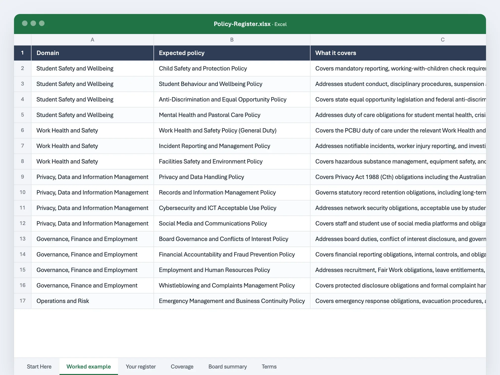 The opening page of the policy register pack as it opens in Excel or Word, with its first rows filled in.