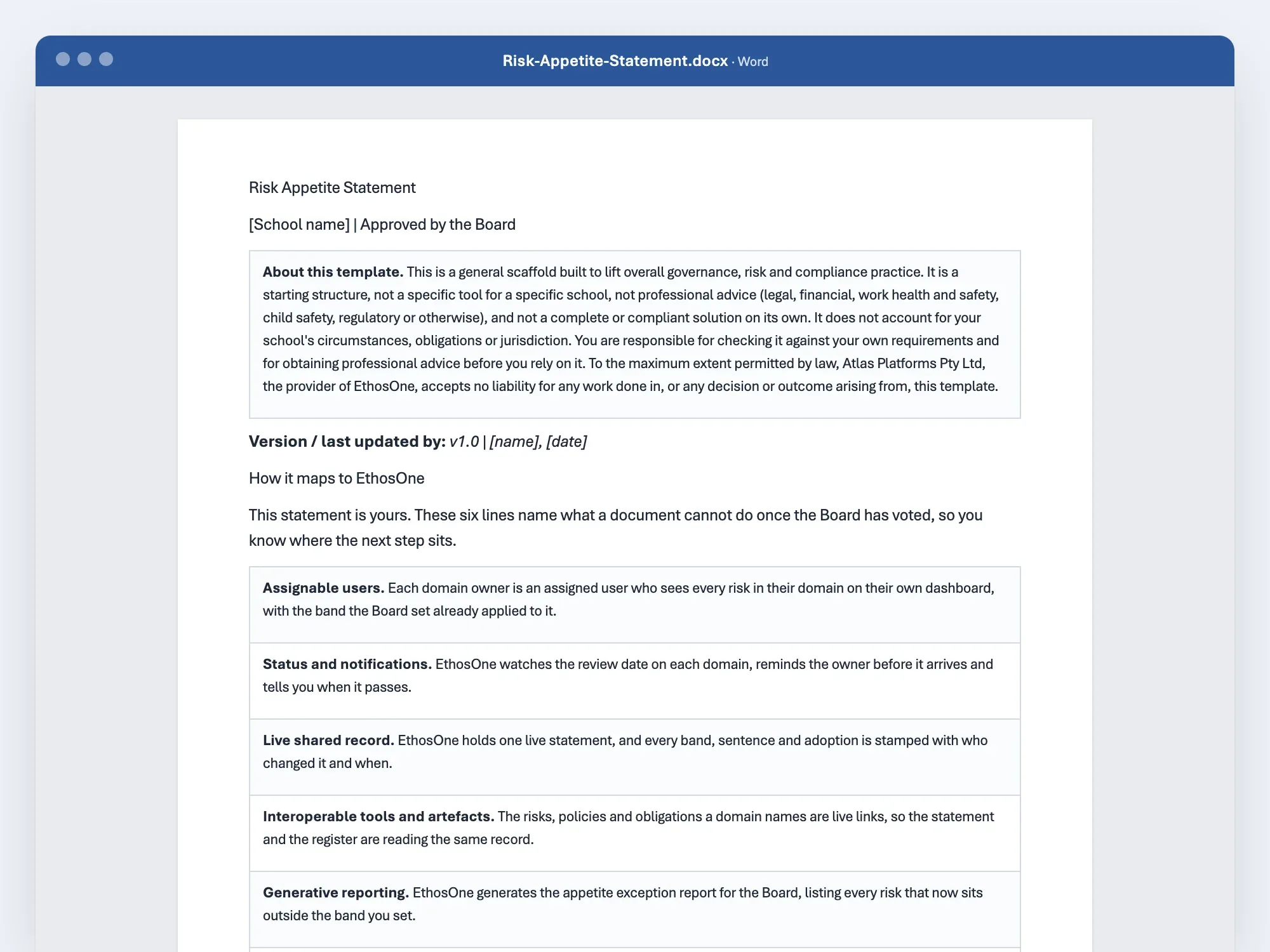The opening page of the organisational risk position pack as it opens in Excel or Word, with its first rows filled in.