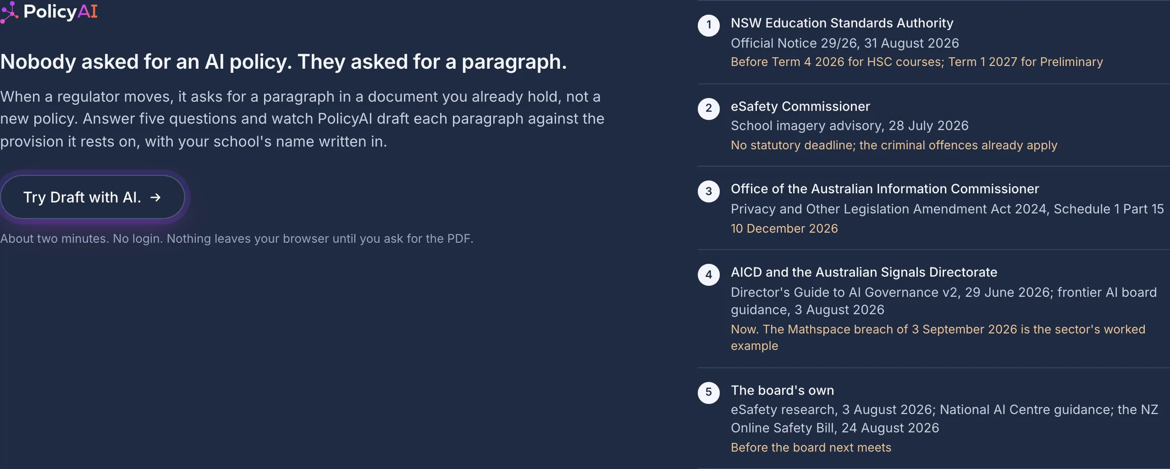 The free policy exposure check: five regulator moves, each with its date, and the paragraph PolicyAI drafts for it.