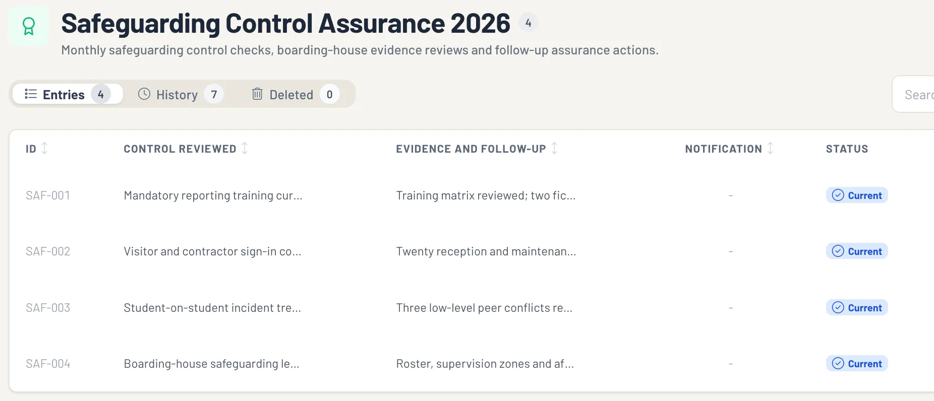 The Safeguarding Control Assurance 2026 log: each control reviewed, with the evidence and follow-up recorded against it.