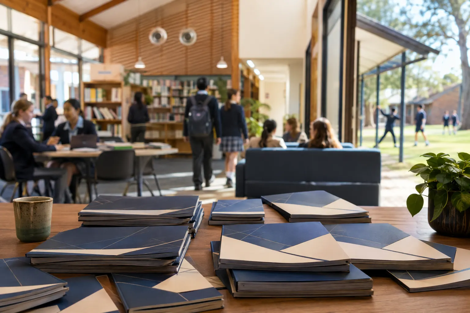 A premium family of navy-and-cream governance packs arranged on warm timber while an active school library softens into the background.