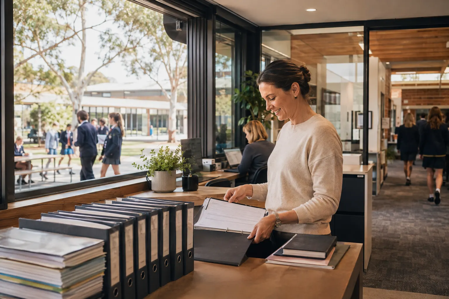 Controlled school policies with clear but unreadable version markers form an orderly register on a busy administration desk.