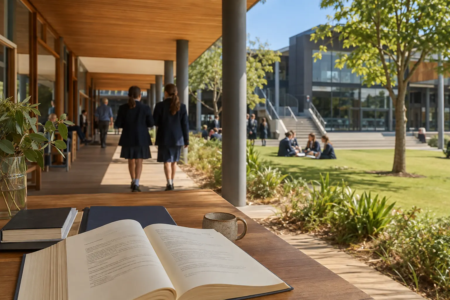 A restrained institutional still life of an open conduct document on cream paper beside a quiet school colonnade, with people passing only as distant soft motion.