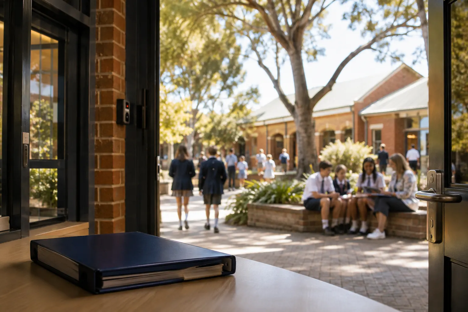 A controlled doorway to school technology infrastructure with a single policy folder in sharp foreground focus and layered secure depth beyond.