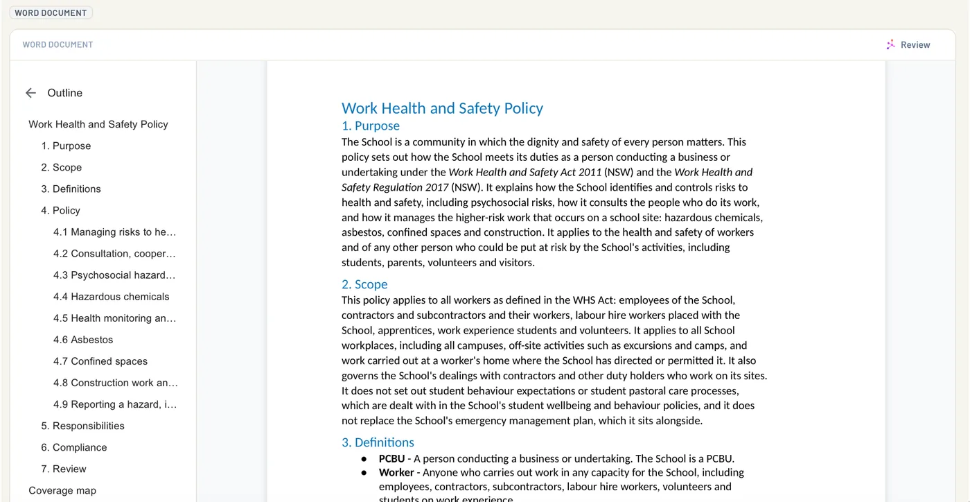 A policy drafted against the provisions it rests on, with the provision shown beside each paragraph.