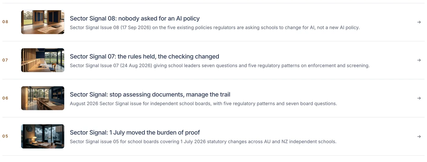 The Sector Signal: each fortnightly issue on what moved in school legislation and regulation, with the questions for the next board meeting.