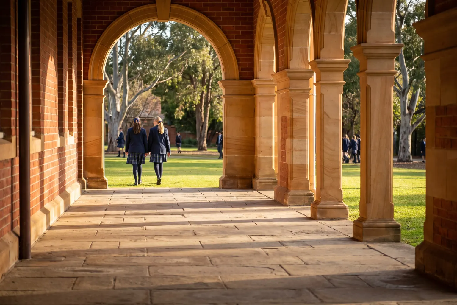 A sandstone colonnade at golden hour.
