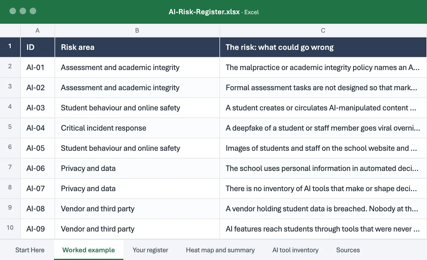 The opening page of the AI Risk Register template, as it opens.