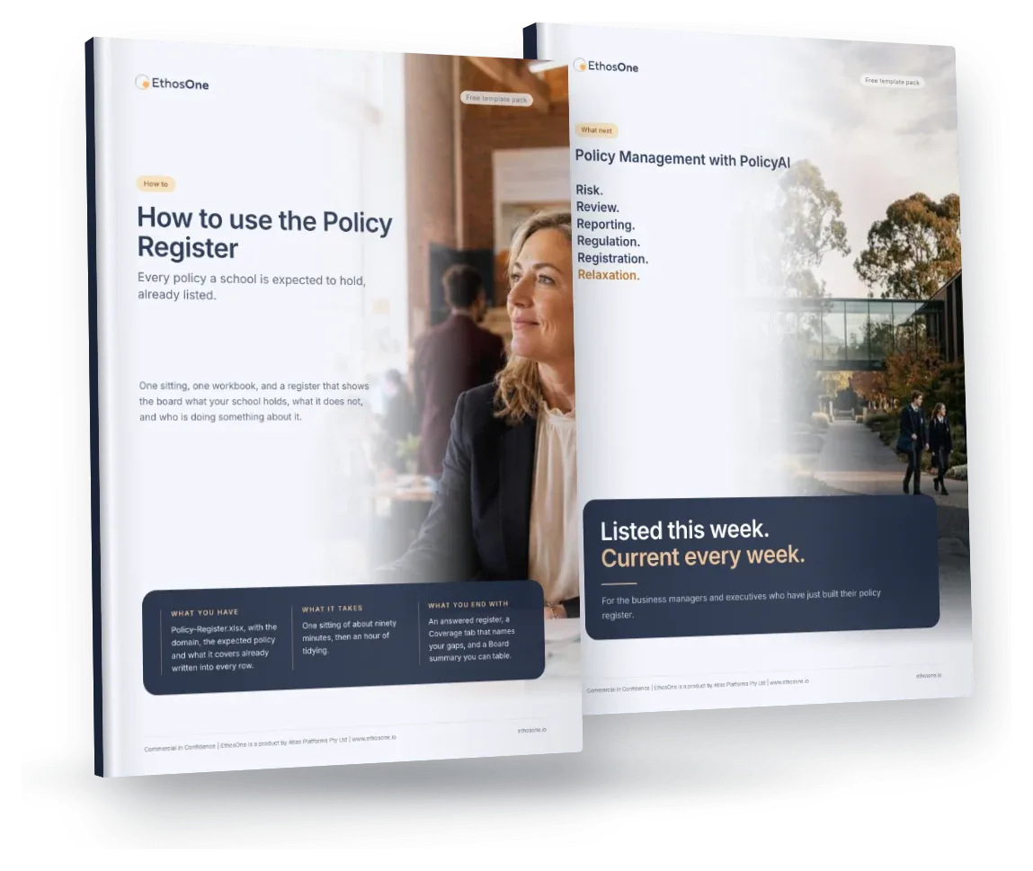 The Policy Register by Domain free template pack: the How-to guide and the What-next brochure
