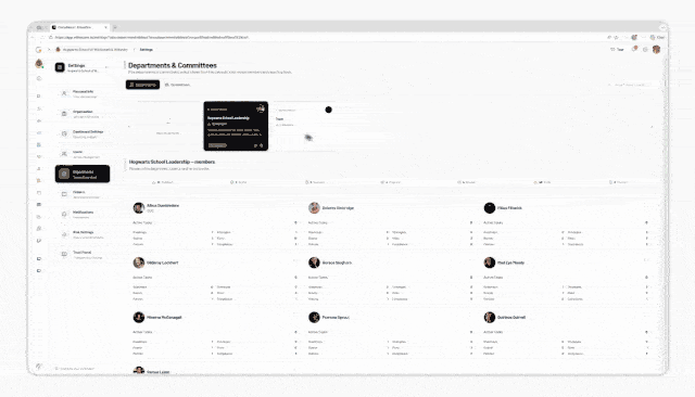 Departments and committees management screen with in-product creation flow.