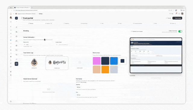 Trust Centre interface with updated publication settings and privacy controls.